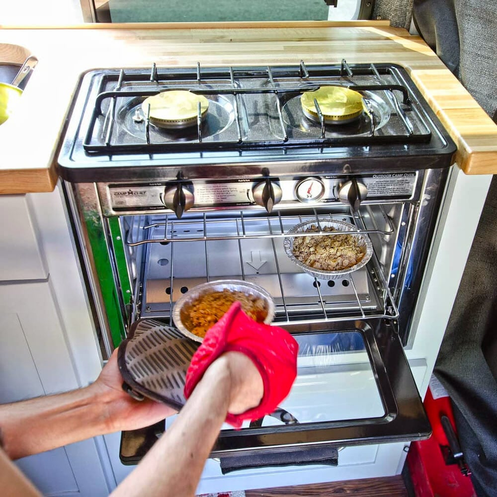 baking in a portable propane camping oven