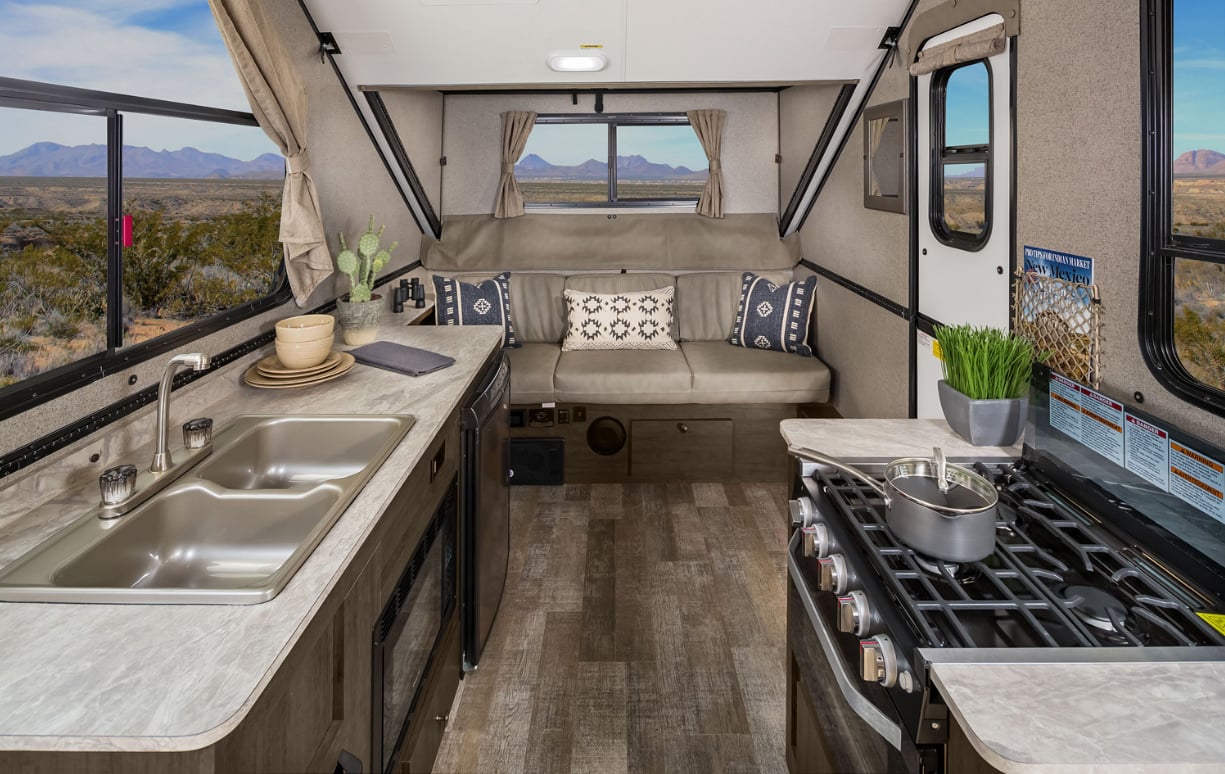 a frame travel trailer with bathroom