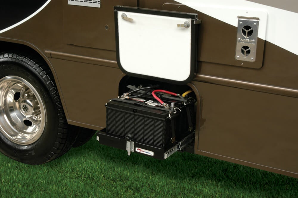 RV battery bank storage compartment
