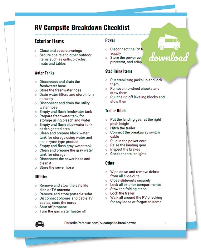 printable rv campsite breakdown checklist for motorhomes, 5th wheel campers, and travel trailers