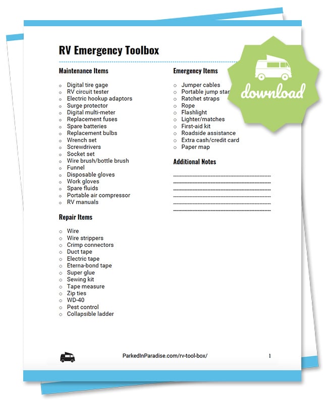 printable rv emergency packing list checklist for motorhomes, 5th wheel campers, and travel trailers