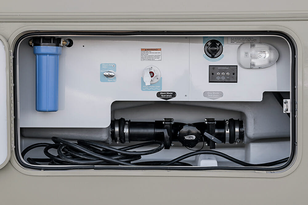 RV fresh water tank, black water tank and grey water tank valves