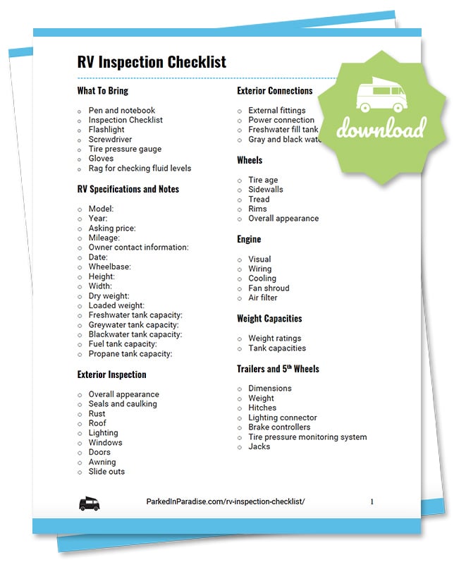 printable rv inspection checklist for motorhomes, 5th wheel campers, and travel trailers