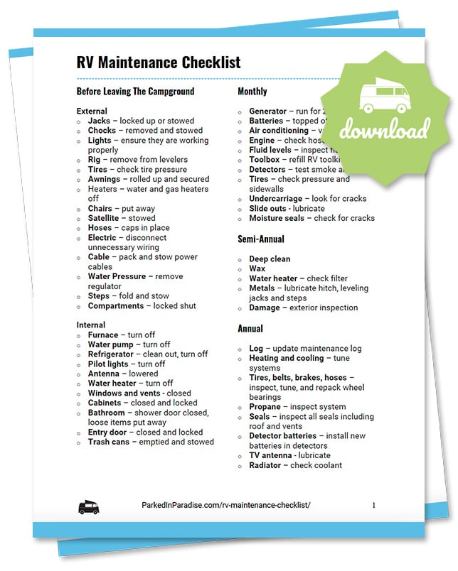 printable rv maintenance checklist for campers and travel trailers