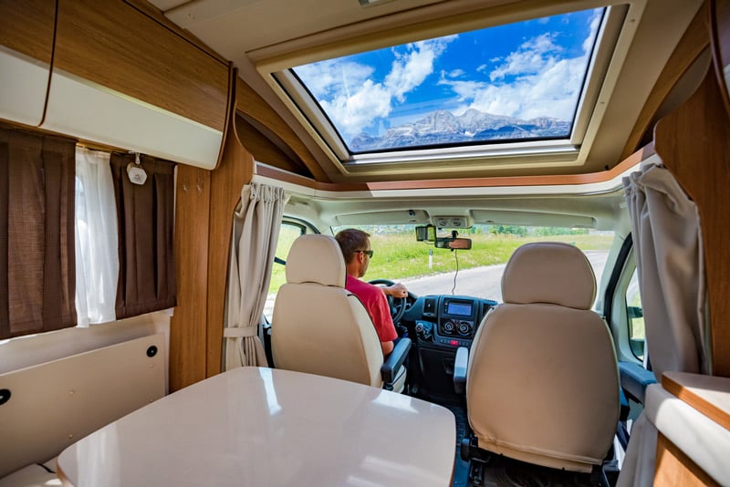 navigation system in an rv camper guiding motorhome to the mountains