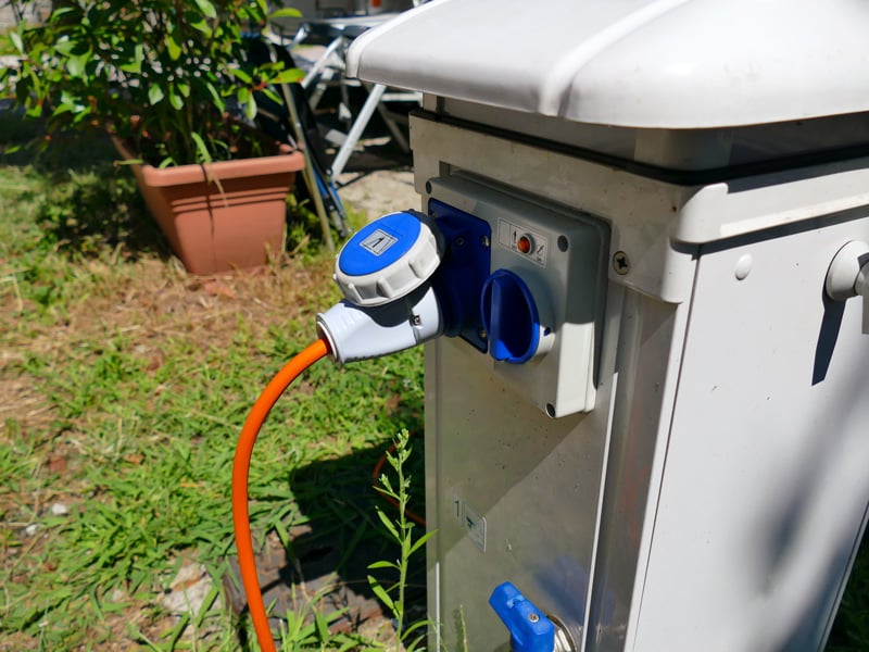 RV power cord electric hookups at a campground