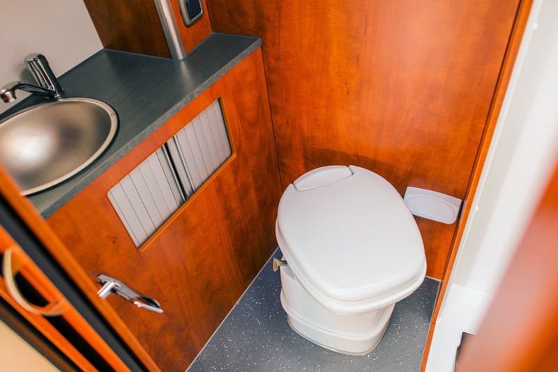 rv toilet inside a travel trailer bathroom