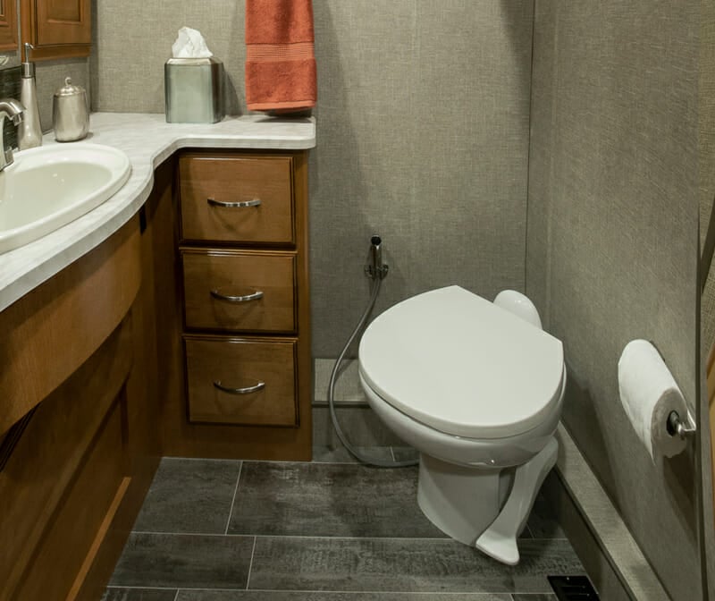 RV toilet with foot pump and sprayer nozzle