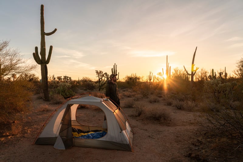 backpacking to a campsite in saguaro national park