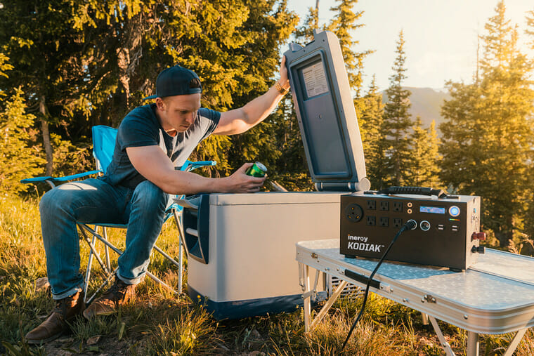 Charging a 12v portable fridge with a solar powered generator while camping