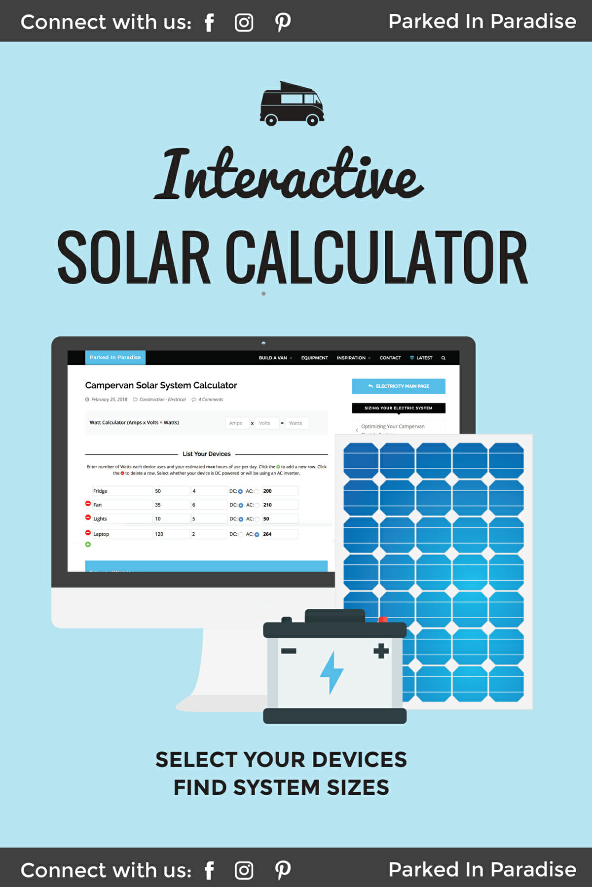 This interactive campervan solar panel calculator is a must save for anyone who wants to build a campervan conversion for #vanlife Just put in your electronic devices and it will tell you what size solar system you need, battery size, inverter size, charge controller type and more! Add everything from bathroom and kitchen appliances to adventure equipment. It even gives tips tricks and hacks to layout your solar kit!