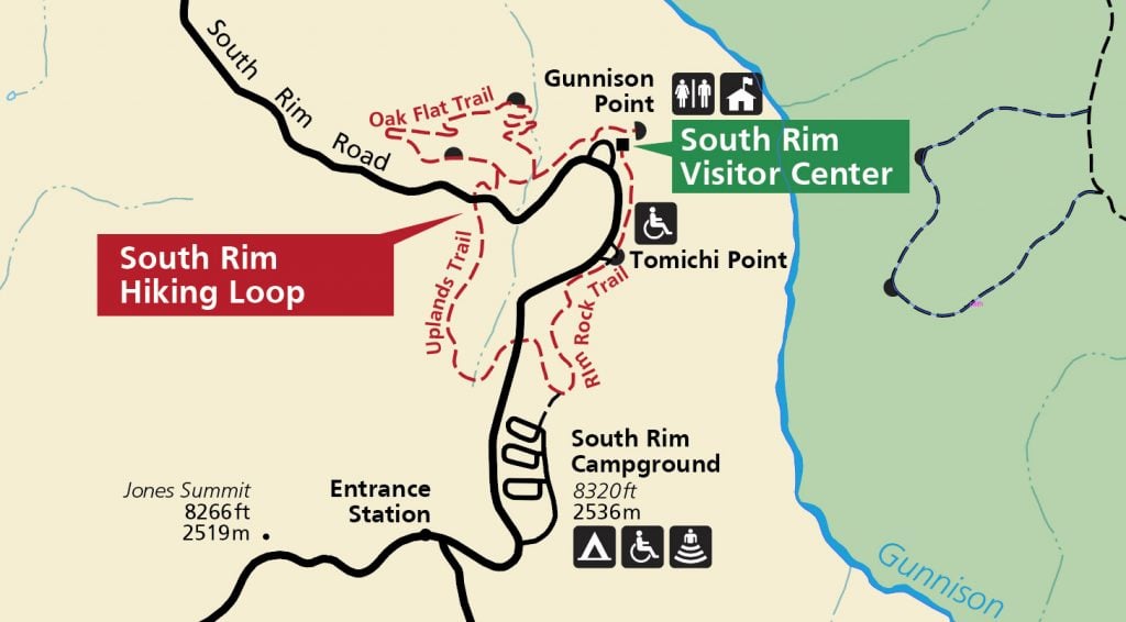 hiking loop map for the south rim trail in black canyon of the gunnison