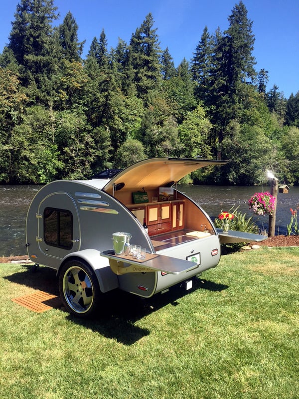 Teardrop trailer parked at a campground