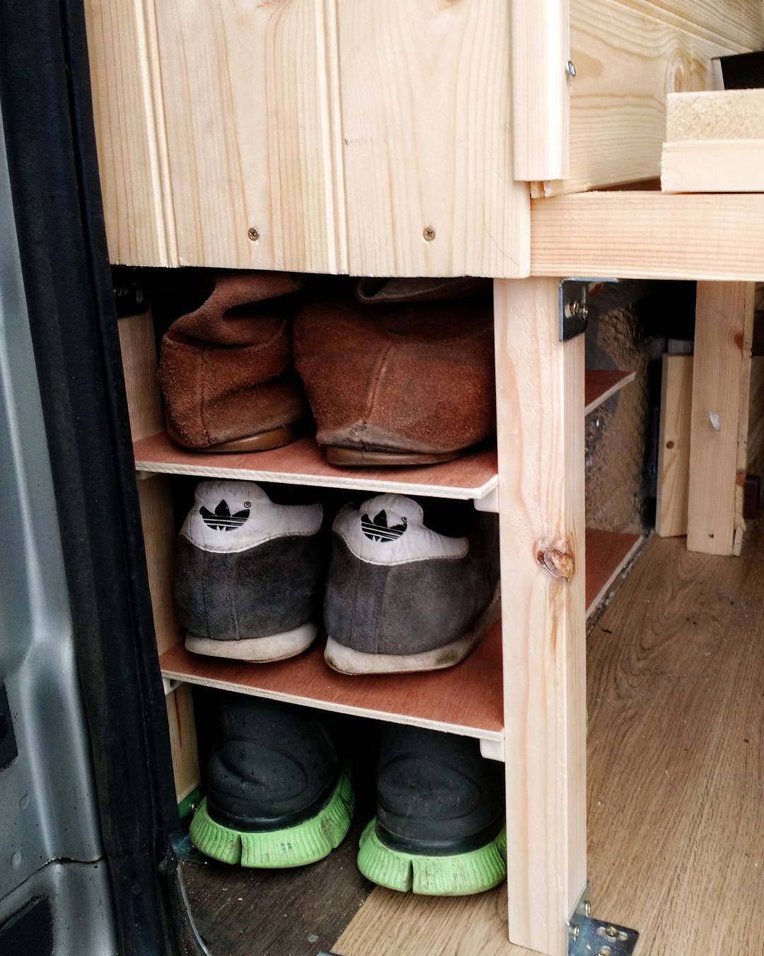 storing dirty shoes in a camper van conversion