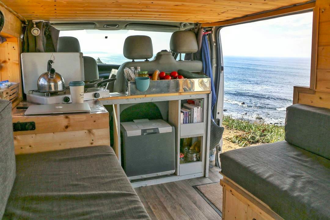 diy camper van kitchen by the ocean