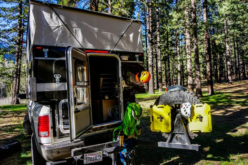 accessories in the back of a hawk during a truck camping trip