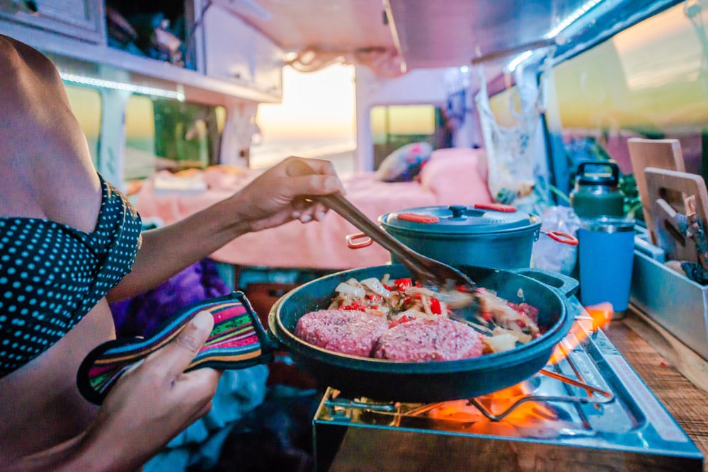 cooking food in a camper van conversion