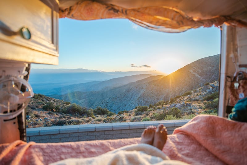 van life view out the back of a camper van conversion