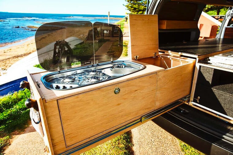 pull out camper kitchen in a diy campervan conversion build