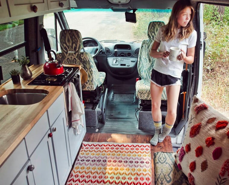 Girl living in a campervan conversion