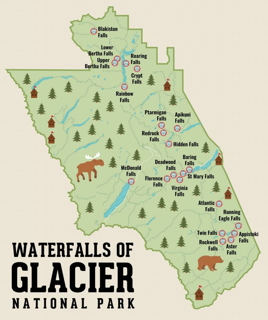 map of waterfalls and their locations in glacier national park montana