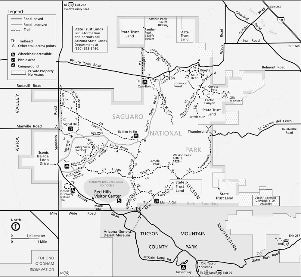 hiking trail map of tucson mountain district in west saguaro national park
