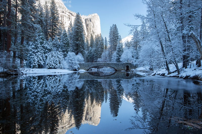 snow reflections on a pond in yosemite national park in winter