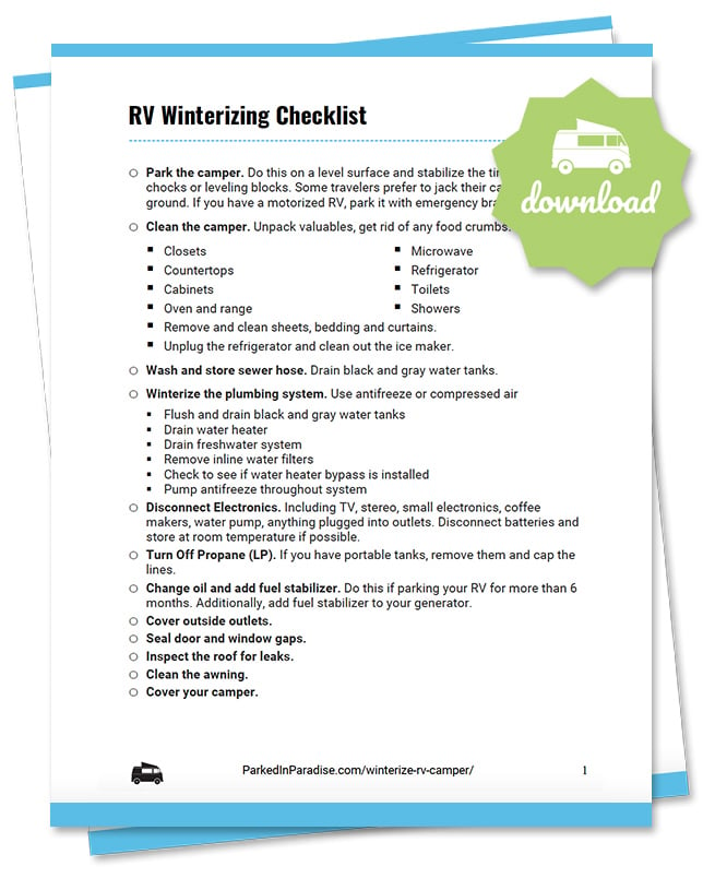 printable checklist to winterize an rv camper, motorhome, or 5th wheel travel trailer
