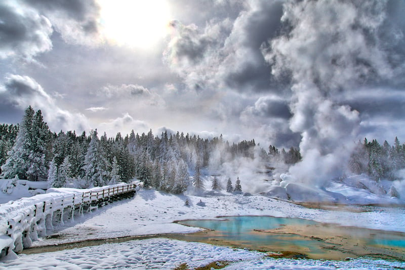 footpath to norris geyser basin in the snow