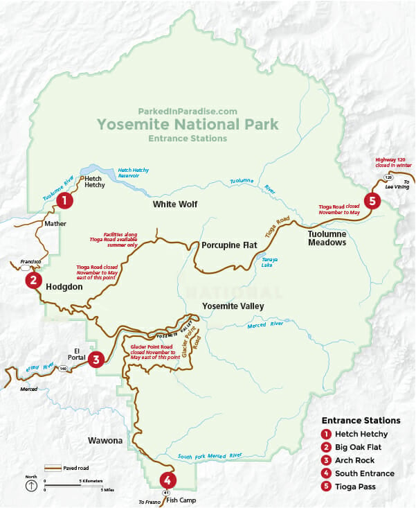best entrance stations to get into yosemite national park with rv or camper van conversion