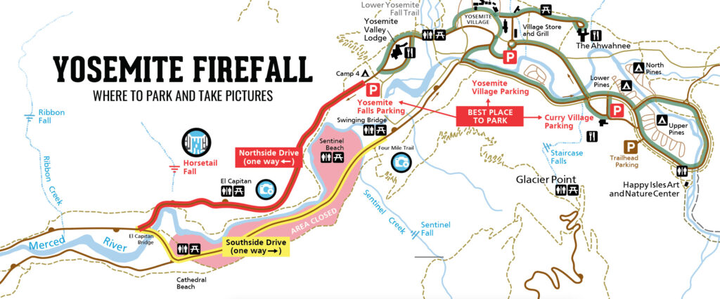 parking and picture map of where to see the firefall in yosemite national park