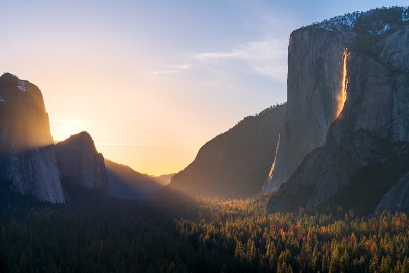 view of yosemite valley and the horsetail fall firefall at sunset