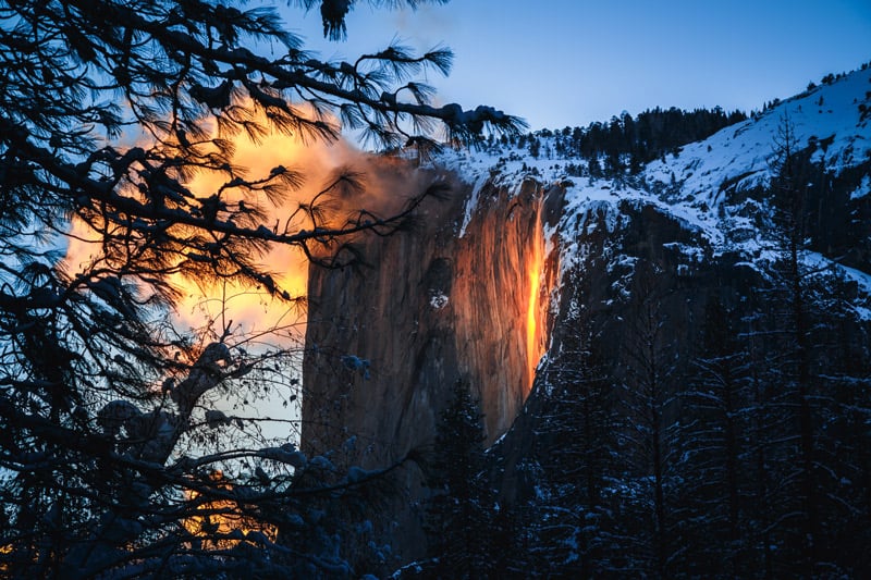 firefall at yosemite national park in winter