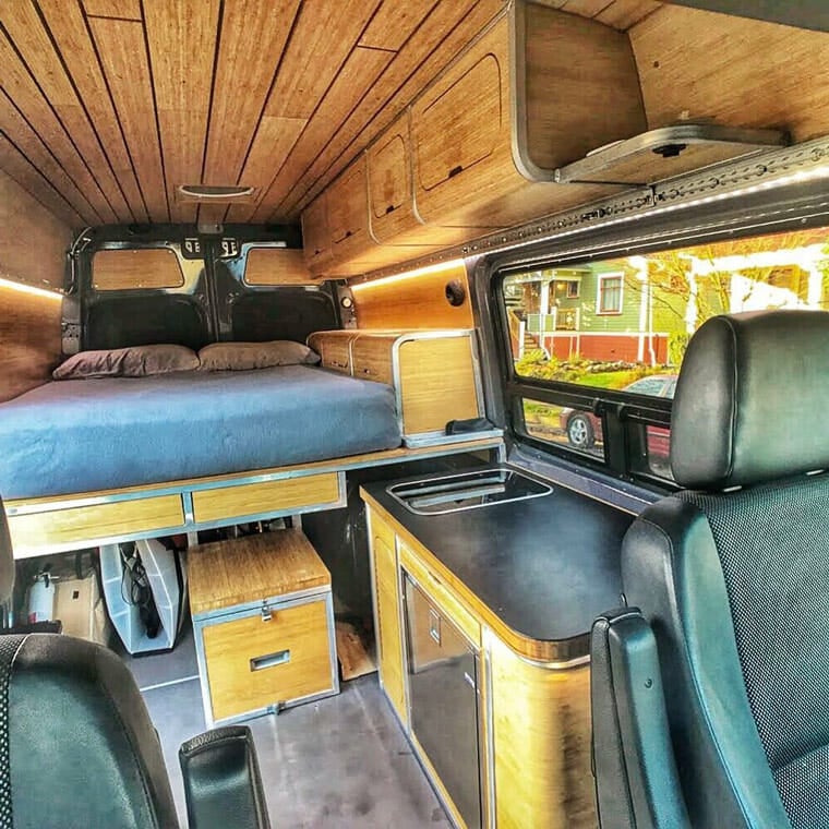 wood and metal diy camper van build interior