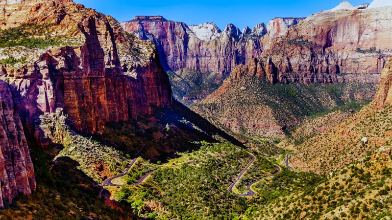 view of the mt carmel highway from the the zion canyon overlook trail in utah